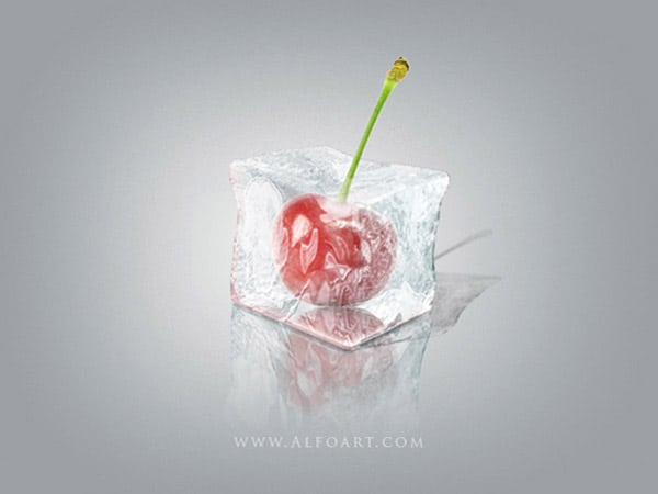 Ice Cube with cherry inside. Ice effect created with 3D Photoshop Tools