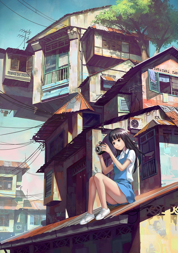 Girl with camera on rooftop
