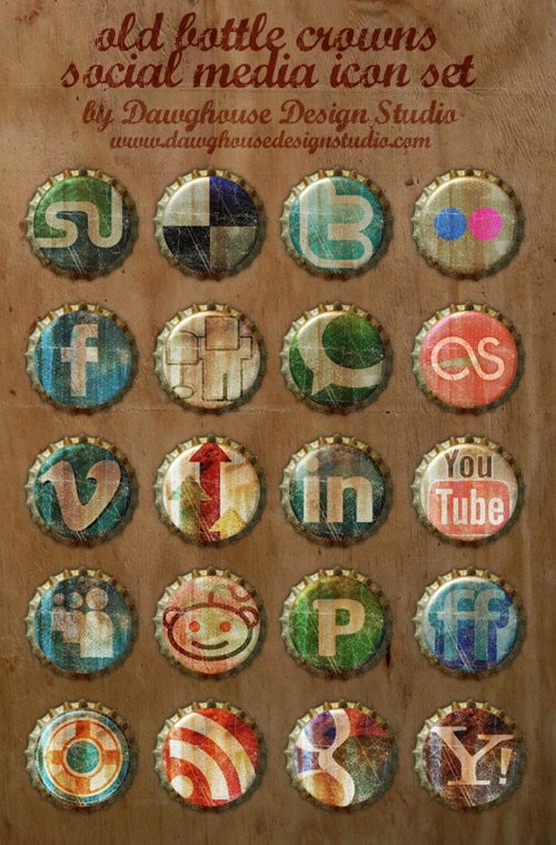 Free Social Media Icons: Old Bottle Crowns Icon Set