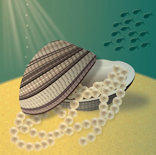 Create an Illustration of a Pearl-Filled Clam on an Ocean Bed